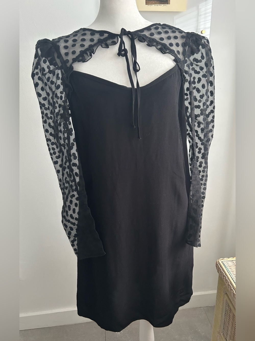 Topshop Black Polka Dot Mesh Sleeve Mini Dress